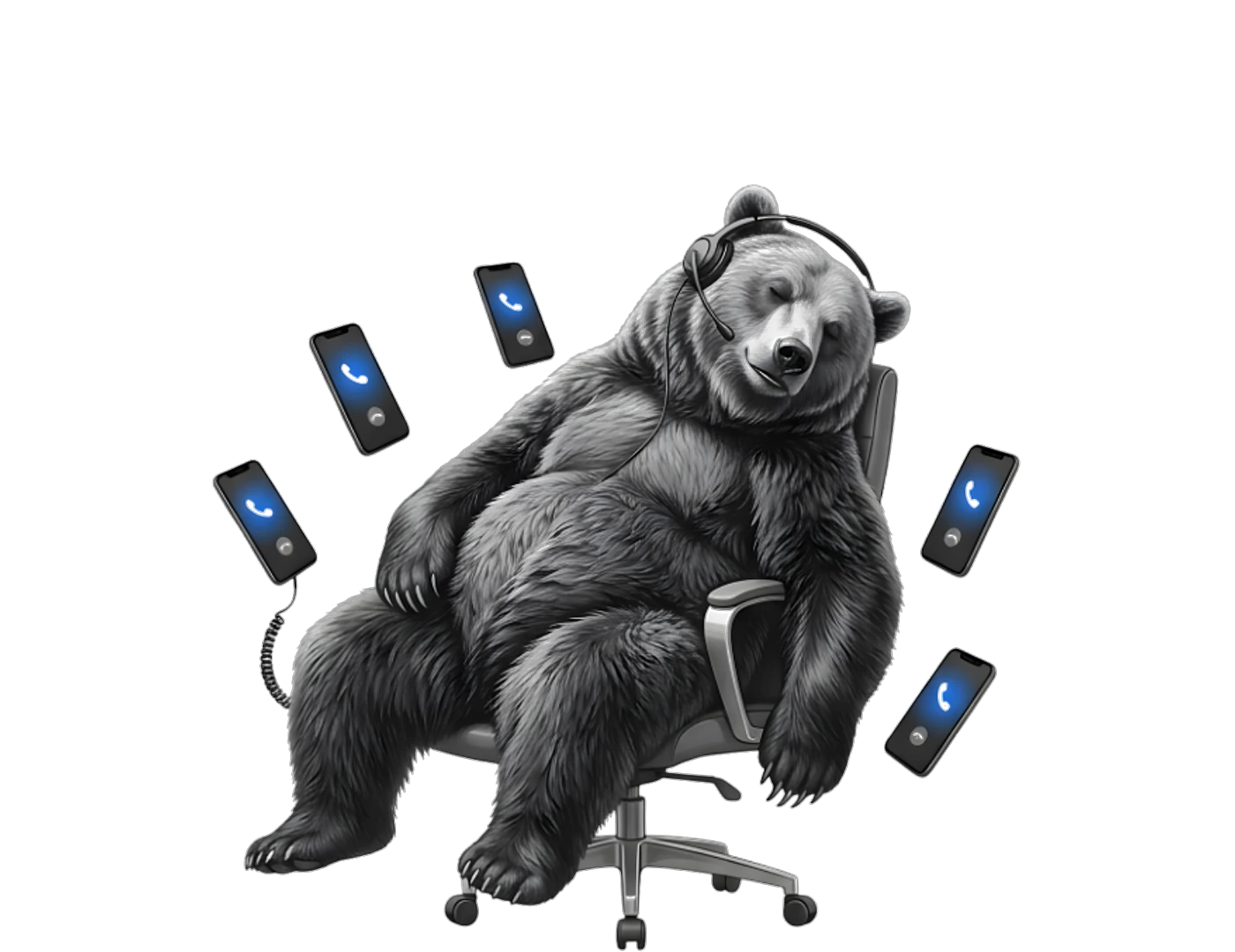 A bear sitting in an office chair surrounded by ringing phones nobody is picking up