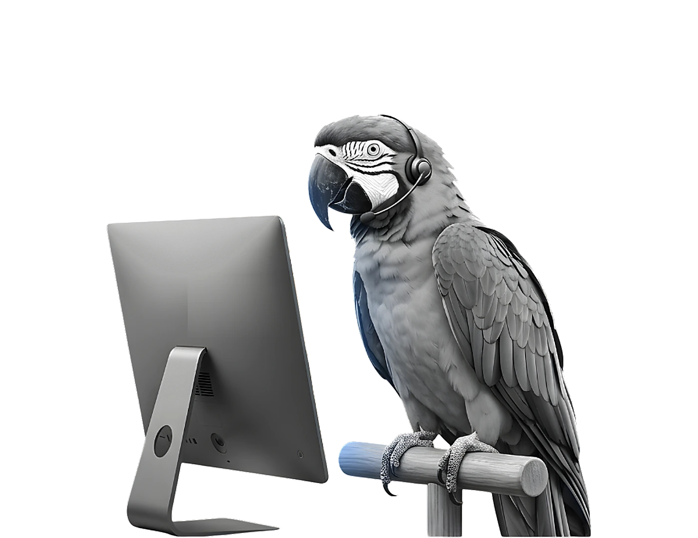 A grey macaw wearing a call-centre headset, perched beside a monitor