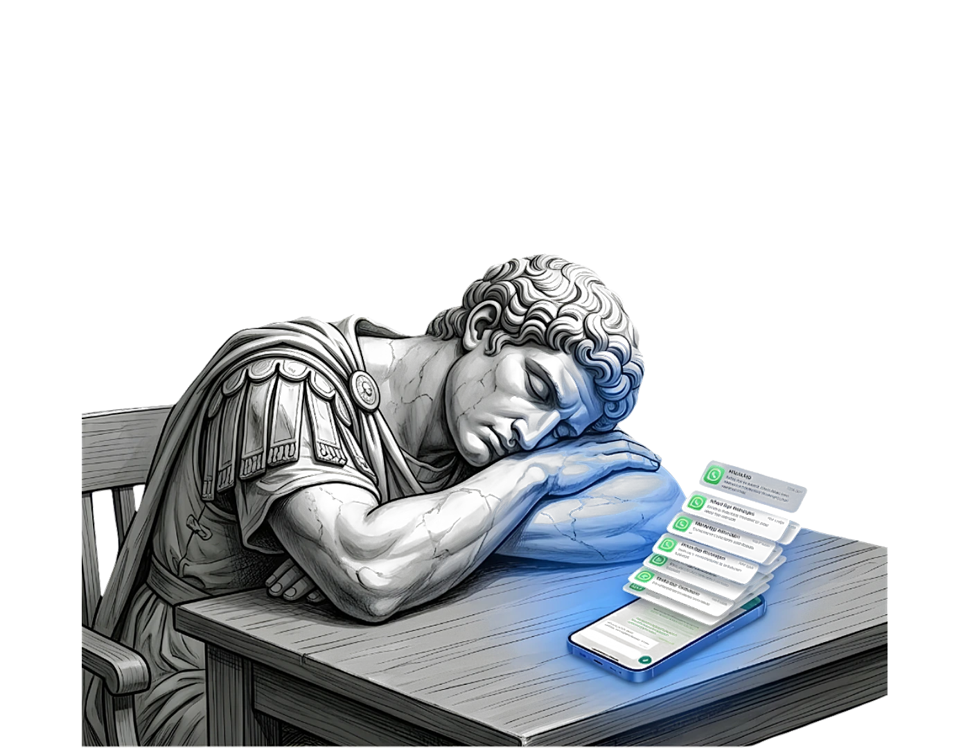 A marble statue asleep at a desk while WhatsApp messages pile up unanswered on a phone beside it
